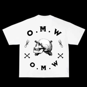 White OMW T-shirt with skull graphic